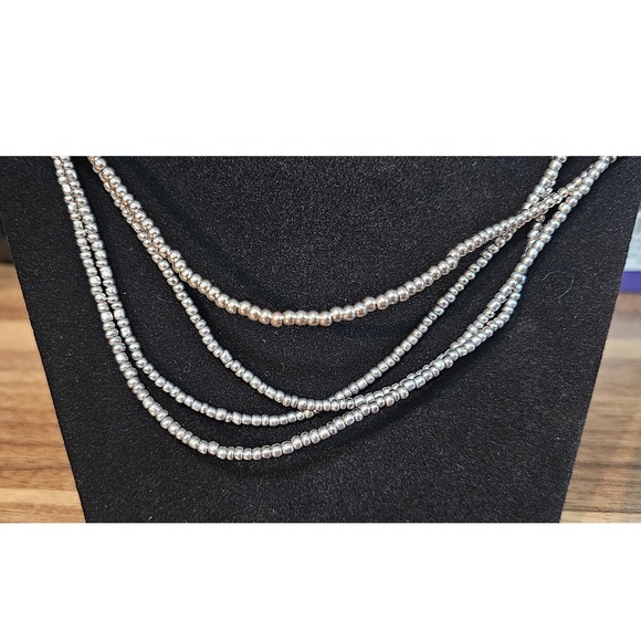 Silver Tone Multi Strand Seed Bead Necklace Adjustable‎ Length Statement - Picture 2 of 6